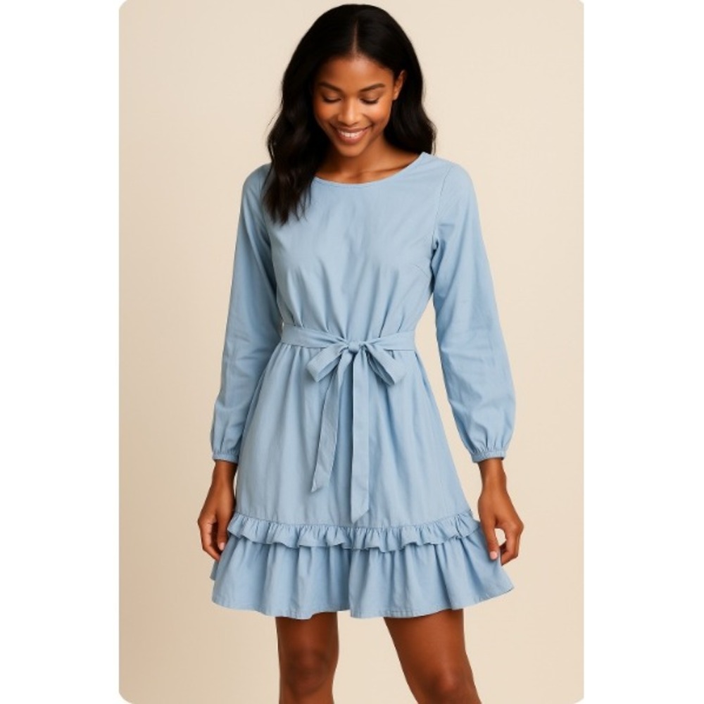 Polished Casual Blue Ruffled Hem L/S Belted Classic Cotton Dress M| Fun‎ Flirty